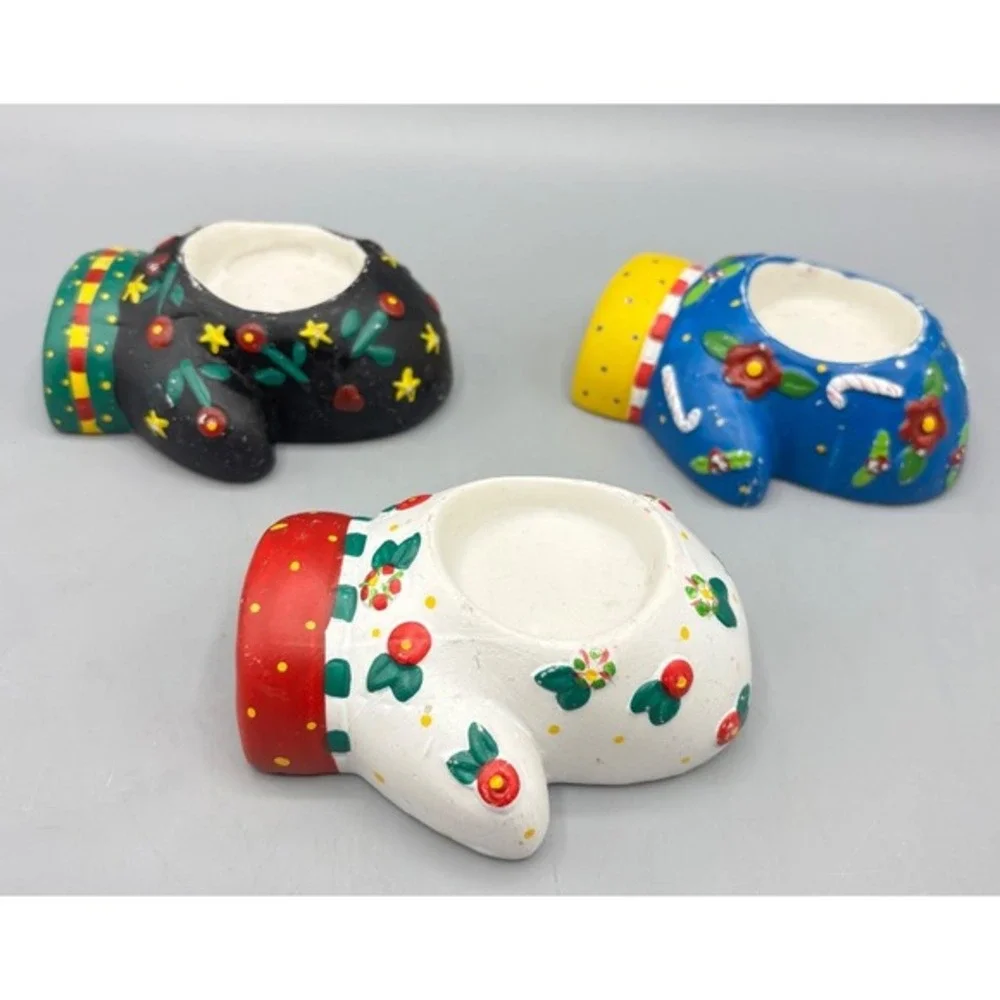 Mary Engelbreit 3 Pc Ceramic Tealight Candle Holders Mitten Snowman Christmas‎